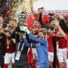 Ahly s players celebrate after winning the CAF Super Cup against Raja