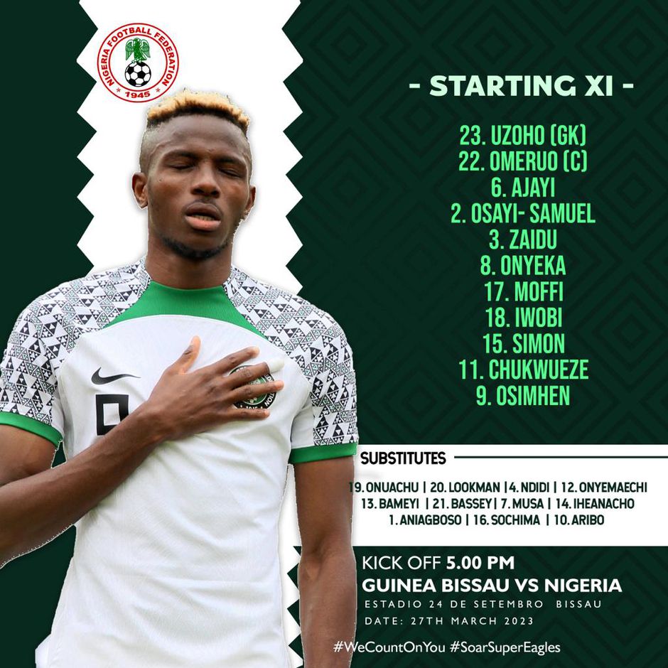 Super Eagles starting XI vs Guinea Bissau